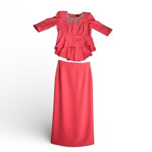 ASHRO Coral Beaded Peplum Top & Long Skirt 2pc Formal Occasion Set Size 16‎